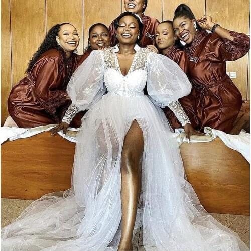 Beach Weding Dress See through V Neck Buttons Side Split Tulle Bridal Dress vestidos de novia Cheap Long Sleeves Long Night Gown