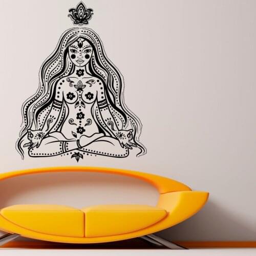 ZOOYOO Girl Meditates Wall Decals Lotus Flowers Wall Stickers For Decoration Vinyl Art Stickers For Bedroom Removable