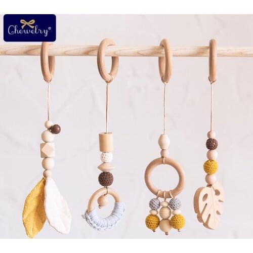 4pc Baby Wooden Teether Baby Gym Play Nordic Style Sensory Ring-Pull Beech Ring Crochet Beads ChildrenS Goods Crib Rattle Toys
