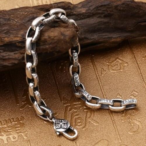 Pure Solid Silver 925 Tibetan Letters Cool Mens Bracelet Vintage Simple Chain Bracelet Sterling Silver Mens Jewelry Thai Silver