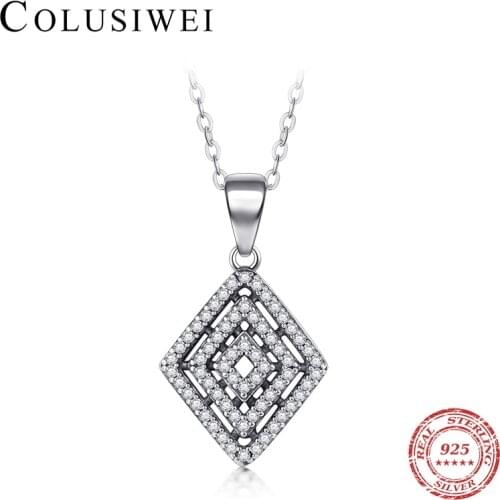 Colusiwei Real 925 Sterling Silver Shining CZ Retro Rhombus Pendant Necklace for Women Geometric Charm Pendant Wedding Jewelry