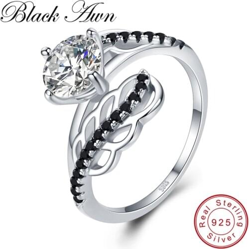 [BLACK AWN] 925 Sterling Silver Jewelry Finger Ring Leaf Black Spinel Rings for Women Female Bague Silver 925 Jewelry G094
