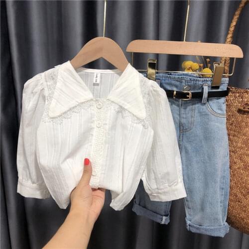 2021 Spring Toddler Kids Baby Girls Clothes Sets White Tops Shirt+Denim Pants Jeans+belt 3pcs Outfits Set Children Costume