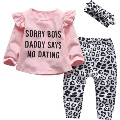 3pcs Girls Baby Clothing Set Casual Autumn Outfits Printed Fly Sleeve Tops Long Pants Plus Headband For Baby Girl