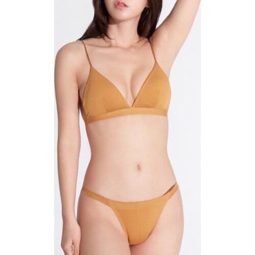 French solid bra and panty set modal cotton womens underwear triangle cup thin wirefree ultra-fine shoulder strap bra set