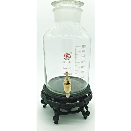Laboratory aspirator bottle 5000ml,Wide mouth,Clear with tick marks,With Metal valve stopper and base