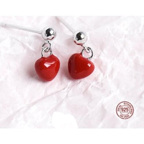 LKO Cute Enamel Romantic Heart Shape Pendants Stud Earrings for Women 925 Sterling Silver Fine Jewelry Gifts Accessories