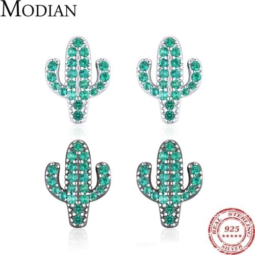 Modian 100% 925 Sterling Silver Plant Green Crystal Cactus Fashion Girls Stud Earrings For Women Clear Cubic Zircon Fine Jewelry