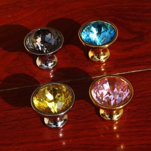 Moden fashion glass crystal pink yellow blue gray drawer cabinet knobs pulls silver gold dresser kitchen cabinet door handles