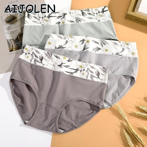 AIJOLEN Solid Color Printed Floral Cotton Panties Mid-waist Womens Underwear Soft Large Size Panties Underpants for Women