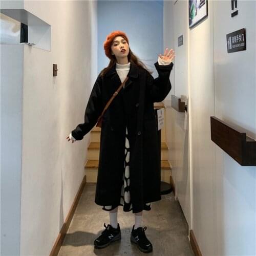 Autumn Winter Women Wool Blends Coat Korean Double Breasted Suit Collar Solid Long Woolen Jacket Loose Fashion Overcoat G1402