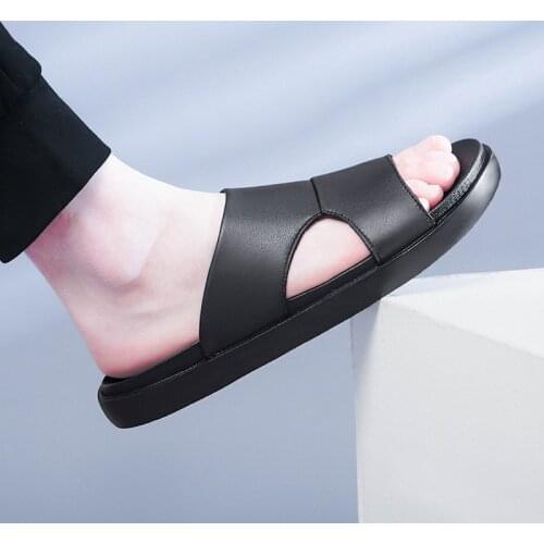 High Quality Summer Mens Shoes Genuine Leather Slippers Soft Slip on Slides Footwear For Men Luxury Brand Flip Flops Man Flats
