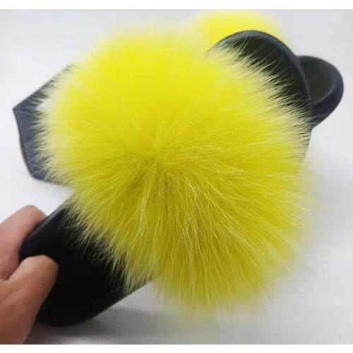 Wholesale Real Fox Fur Slippers Women Furry Sneakers Ladies Fox Hair Flat Shoes Woman Fluffy Sandals Female Fur Flip Flops 36-45