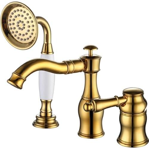 Bathroom Basin Faucets Solid Brass Sink Mixer Tap Hot & Cold Deck Mounted Single Handle With Handheld Widespread Type Gold