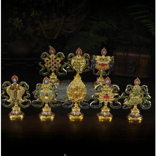 Tibet Tibetan Buddhist Mikky Eight Auspicious Symbols Family Hall Statue 8xXPCS