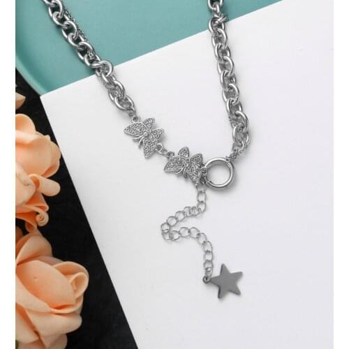 U-Magical Textured Star Butterfly Stainless Steel Rhinestone Pendant Necklace for Women Toggle Clasp Chain Necklace Jewelry