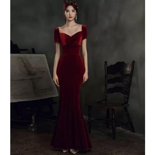 Evening Dress Lace O-Neck Vintage Short Sleeves Backless Floor-length Mermaid Burgundy Plus size Women Formal Party Gown C810