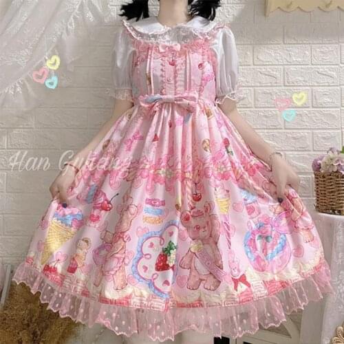 Japanese Cute Lolita Jsk Dress Women Summer Sweet Bear Dessert Party Kawaii Print loli Strap Dress Girl Princess Dress