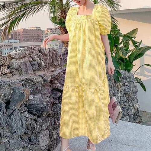 ZANZEA 2021 Stylish Summer Dress Womens Check Sundress Casual Puff Sleeve Maxi Vestidos Female Plaid Robe Femme Plus Size 5XL
