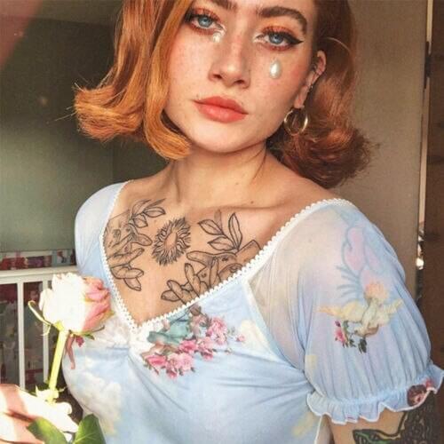 Angel Printed Crop Tops Women Girls Vintage Mesh Sheer Short Sleeve See Through Tank Top Summer Beach V Neck Tees