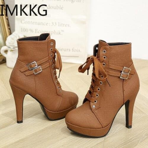 2020 Winter Leather Boots For Women Brown Platform Ankle Boots Cross-Strap Buckle Round Head High Heels Crossdressers Shoes