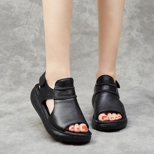 OUKAHUI Summer Genuine Leather Flat Platform Sandals Women 2021 Hook Loop 5.5CM Platform Peep Toe Women Sandals Gladiator Female