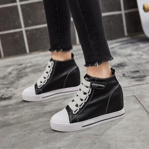 Genuine Leather Wedges Shoes Women High Top Sneakers On Platform Chunky Heel Casual White Shoes for Women Lady High Top Sneakers