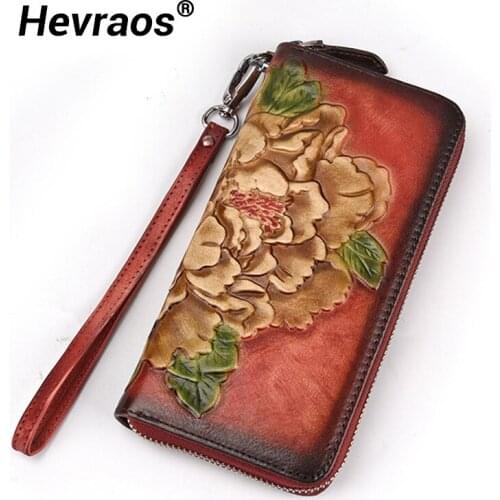 100% Genuine Leather Women Wallet Female Coin Purse Lady Long Floral Wallets Portomonee Luxury Brand With Cell phone Card Holder