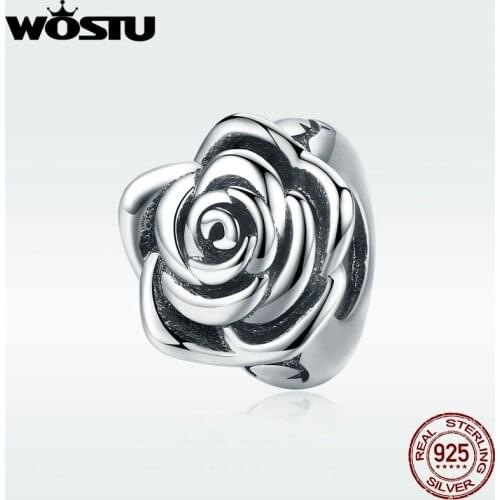 WOSTU Real 925 Sterling Silver Rose Flower Beads Fit Charm Bracelet Necklace Pendant For Women Original Silver Jewelry BKC1101