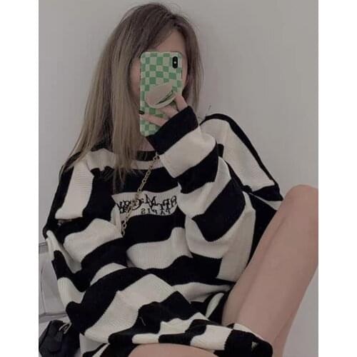 Women Sweater Pullovers 2021 new Autumn Winter Streetwear Embroidered Letters Stripes Casual Loose Couple Clothes Korean Top ins