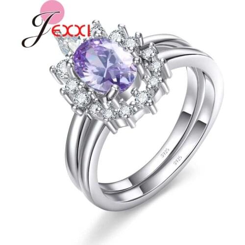 Unique Purple Flowers Design Real 925 Sterling Silver Rings Sets For Women Bridal Engagement Wedding Anel Bague Jewelry