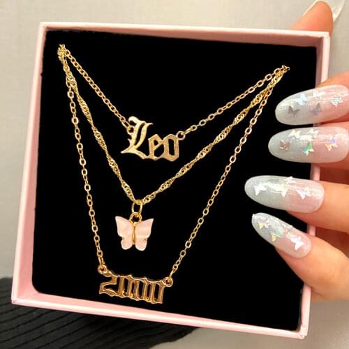JUST FEEL Gold Stainless Steel Multi Layer Necklaces For Women Fashion LEO 2000 Butterfly Pendant Necklace personality Jewelry