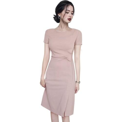 Pink office tight Dress one piece korean ladies Summer short Sleeve crew neck cabaret party bodycon formal Dresses for women
