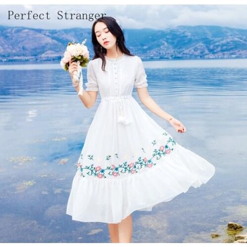 Women Dresses Summer 2021 Summer Hot Sale Vintage Stand Collar Flower Embroideried Short Sleeve Women Chiffon Long Dress White