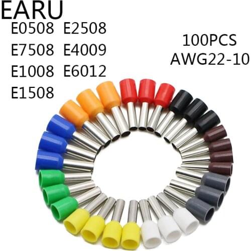 100pcs/Pack E0508 E7508 E1008 E1508 E2508 Insulated Ferrules Terminal Block Cord End Wire Connector Electrical Crimp Terminator