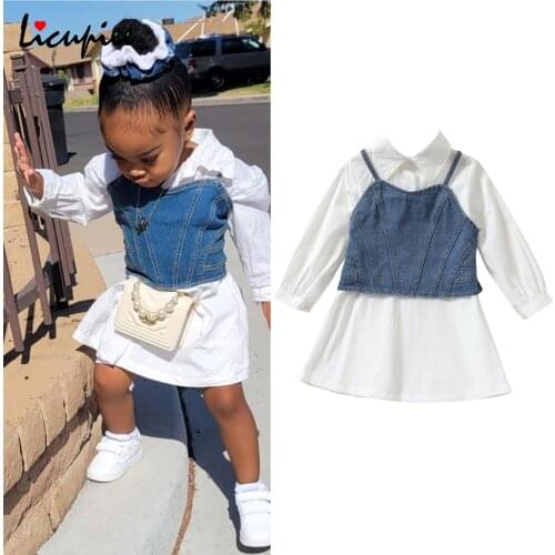 1-7 Years Baby Girl 2 Pcs Sets Toddler Girl 2pcs Fall Outfits, Long Sleeve Button Down Shirt Dress + Denim Camisole Set