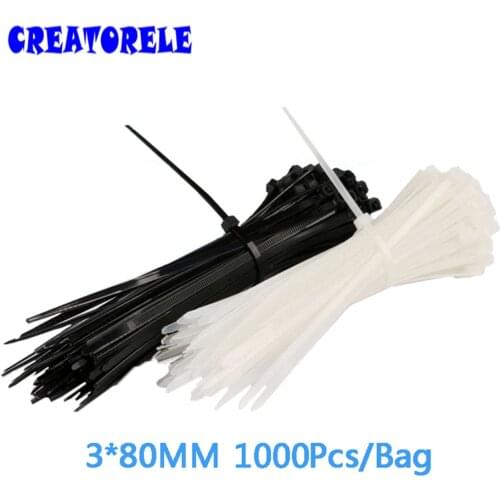 3*80mm 1000Pcs/bag white and bIack for choose veIcro nyIon cabIe tIes cabIe wire tIe SeIf-Iocking pIastic tIe zIp tIes