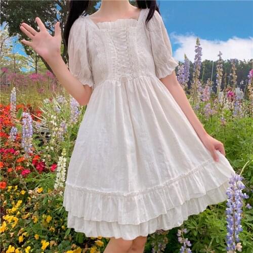 White Lolita Dresses Short Sleeve Kawaii Cute Girl Summer Student Princess Dresses Lace High Waist Fairy Elegant Victorian Goth