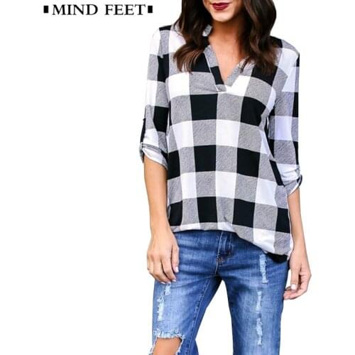 MIND FEET Women V-Neck Blouse Female Plaid Long Sleeve Loose Casual Large Size Tops Shirt Ladies OL Plus Size Shirts Summer