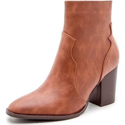 2020 Autumn Winter Motorcycle Western Cowboy Boots Women Soft PU leather Short High Heels High top Ankle Booties Shoes