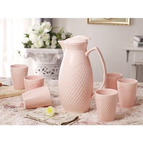 Modern Style Elegant Bone China Water Kettle and Cup Set with Engraving Pattern Pink Colour