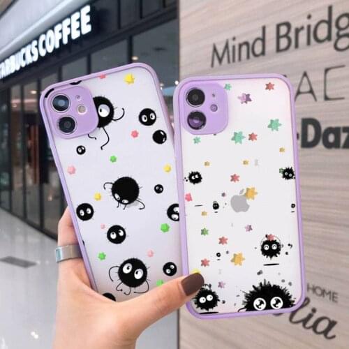 Ghibli Spirited Away Soot Totoro Phone Case For iPhone 12 11 Mini Pro XR XS Max 7 8 Plus X Matte transparent Purple Back Cover