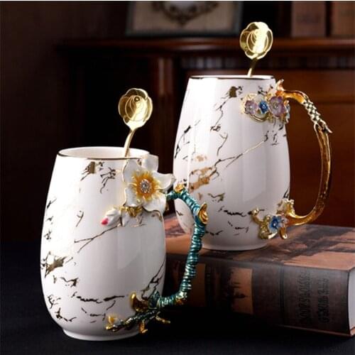 Nordic Ceramic Marble Coffee Milk Mug Creative Enamel Flower Tea Coffee Cup with Spoon Birthday Wedding Gift Household Drinkware
