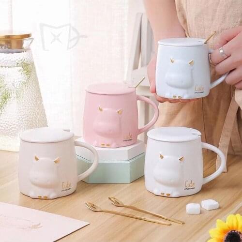 Coffee Mug with Lid Solid Color Cup with Lid and Spoon Cute Animal Relief Mug Lovely Calf Ceramic Cup Milk Coffee Lovers Cup