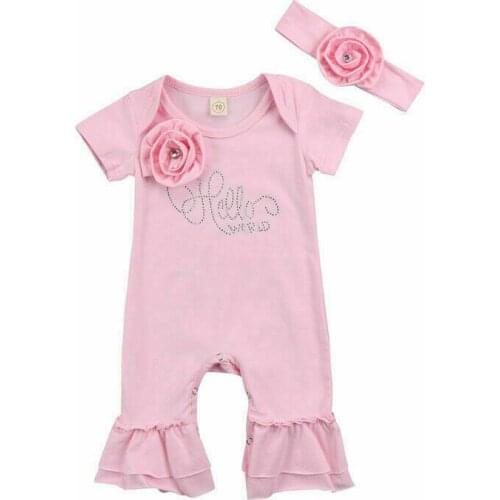 0-18M Newborn Baby Girl Flower Romper Ruffle Jumpsuit Short Sleeve Flower Overalls + Headband Toddler Summer Outfit Clothes Set