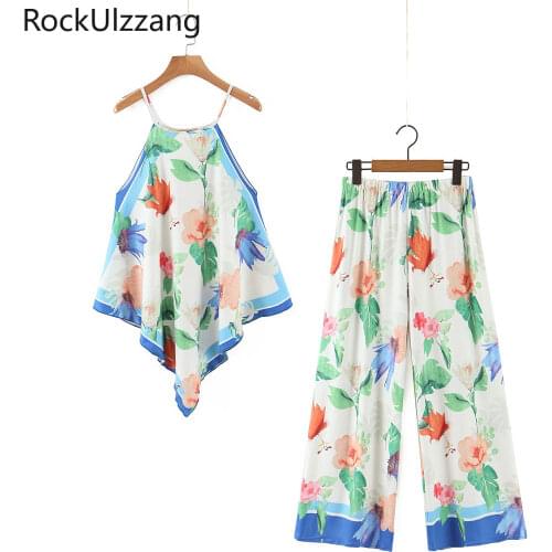 Floral Dot Plaid Leopard Off Shoulder Square Irregular Backless Crop Top Straight Pant Wide Leg Loose Two Piece Set Party Beach