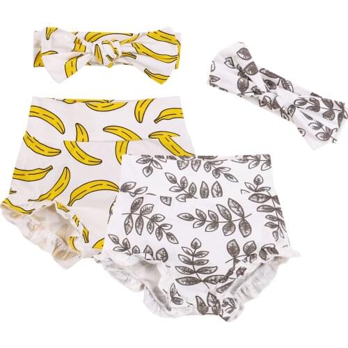 2Pcs Infant Summer Outfit, Banana/Leaf Printing Elastic High-Waist Frilly Shorts + Bowknot Headband for Baby, 6-24 Months