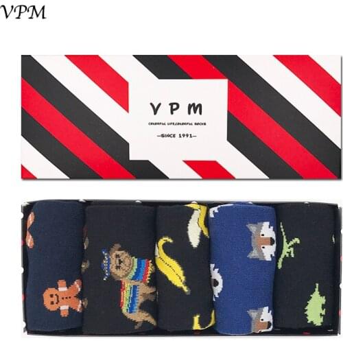 VPM Mens Cotton Long Socks Black Funny Happy Harajuku Banana Dino Dog Wolf Business Dress Hip Hop for Men Gift Box 5 Pairs/Lot
