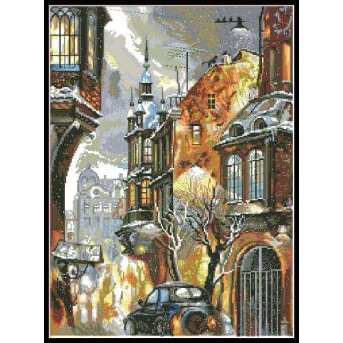 Cross Stitch Kits Printed Fabric 11CT Embroidery Needlework Sets Snowy Night Cotton Thread 14CT White Canvas Home Decor Painting