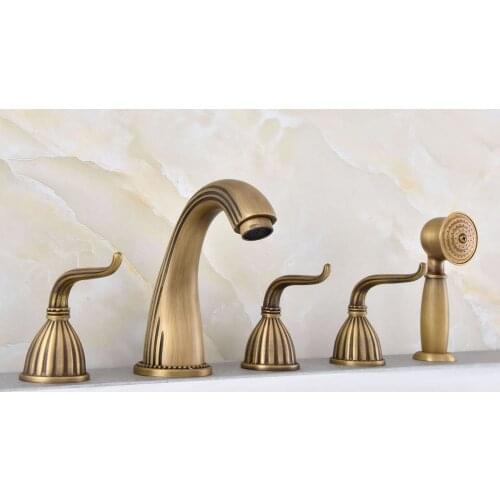 NEW Antique Brass Deck Mount Widespread Bathroom Roman Tub Faucet 5 Holes Tub Mixer Tap with Handshower ztf242